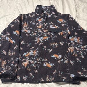 Patagonia Black Floral-Print Fleece Pullover with Orange & Light Blue Accents